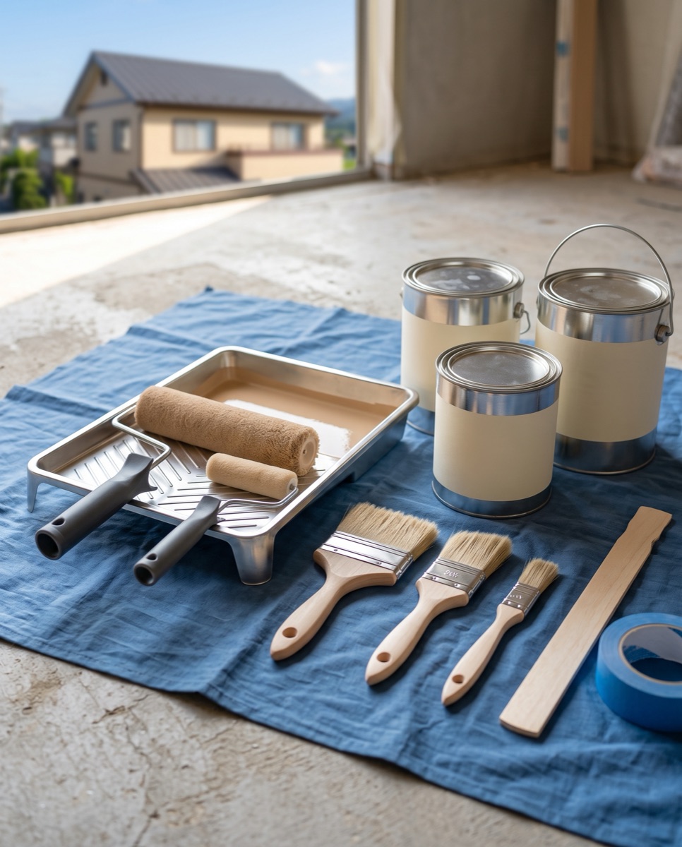塗装道具と塗料の缶